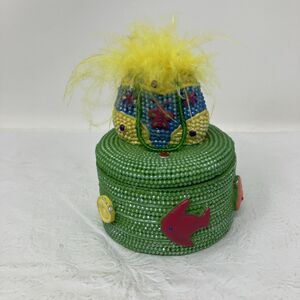 Beaded 3" Round Trinket Box Fully Beaded Green Blue Yellow Purse Fish Beach